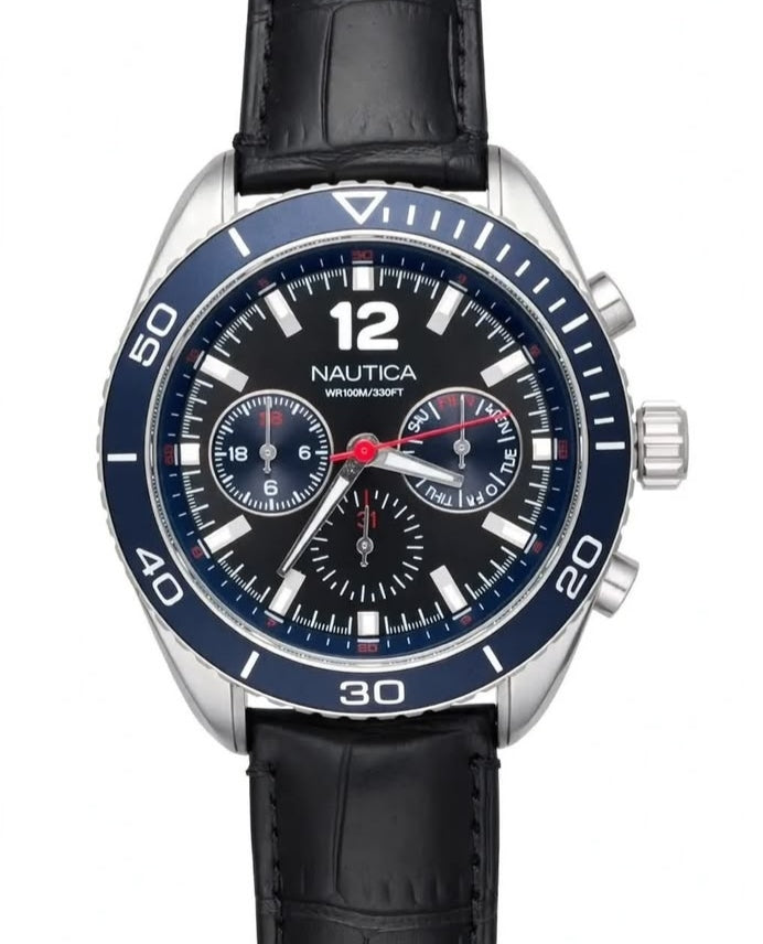 NAUTICA NAPCH5 Chronograph – Black Dial with Blue Bezel – Leather Strap – Men’s Watch