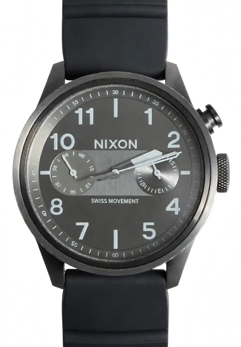 NIXON 51-30 Chrono – Matte Black Dial – Big White Arabic Numerals – SWISS MOVEMENT – Gunmetal Steel Case – Black Ridged Rubber Strap – Men’s Tactical Chronograph – 100M