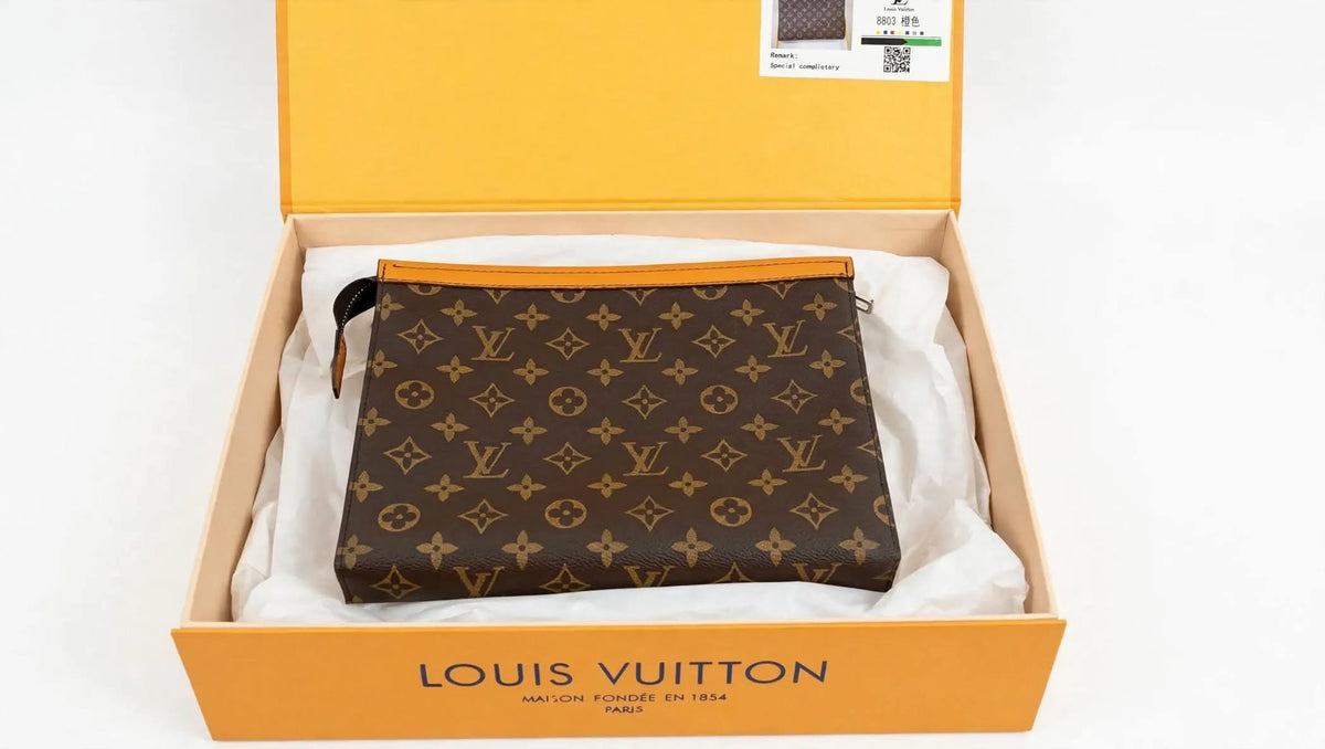 LV Louis Vuitton Monogram Canvas Pouch – Travel Clutch / Toiletry Pouch – Brown Monogram with Mustard Trim