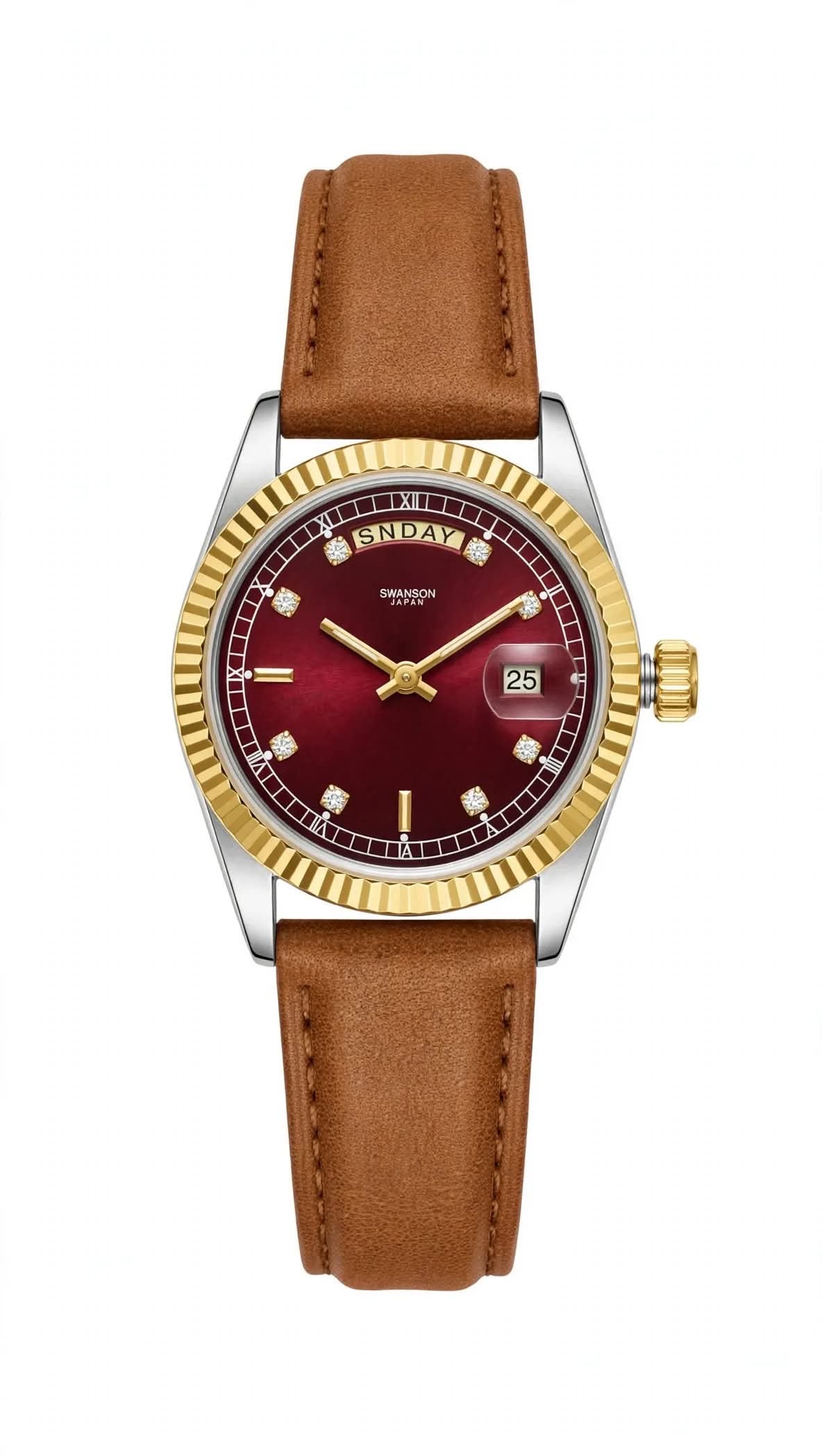 SWANSON JAPAN - Red Wine Dial - Day & Date - Gold Fluted Bezel - Brown Leather - Premium Edition