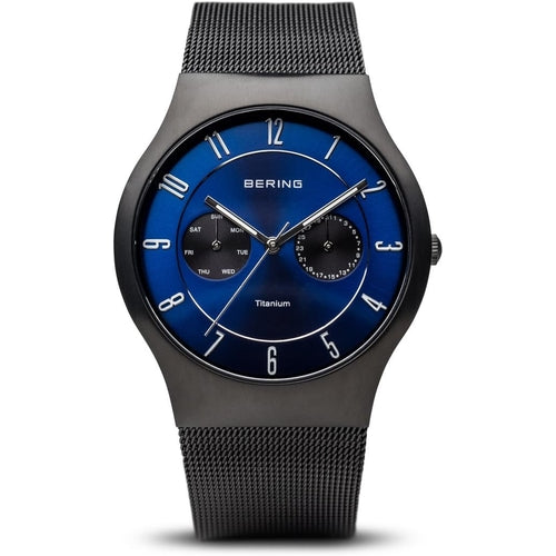 BERING Titanium - Danish Minimal Watch - Blue Dial Mesh Chain - Day Date Working