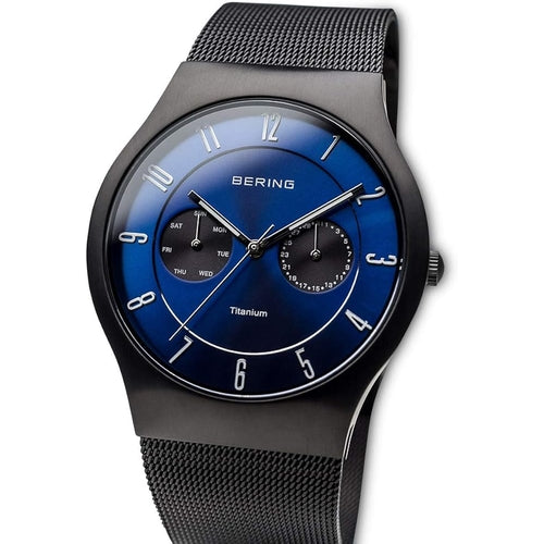 BERING Titanium - Danish Minimal Watch - Blue Dial Mesh Chain - Day Date Working
