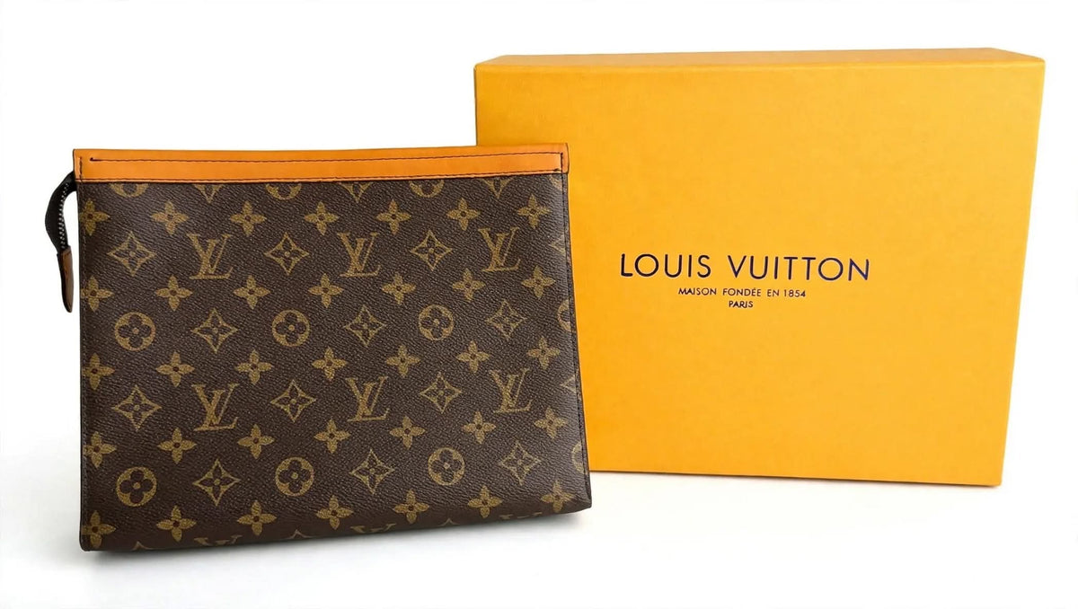 LV Louis Vuitton Monogram Canvas Pouch – Travel Clutch / Toiletry Pouch – Brown Monogram with Mustard Trim