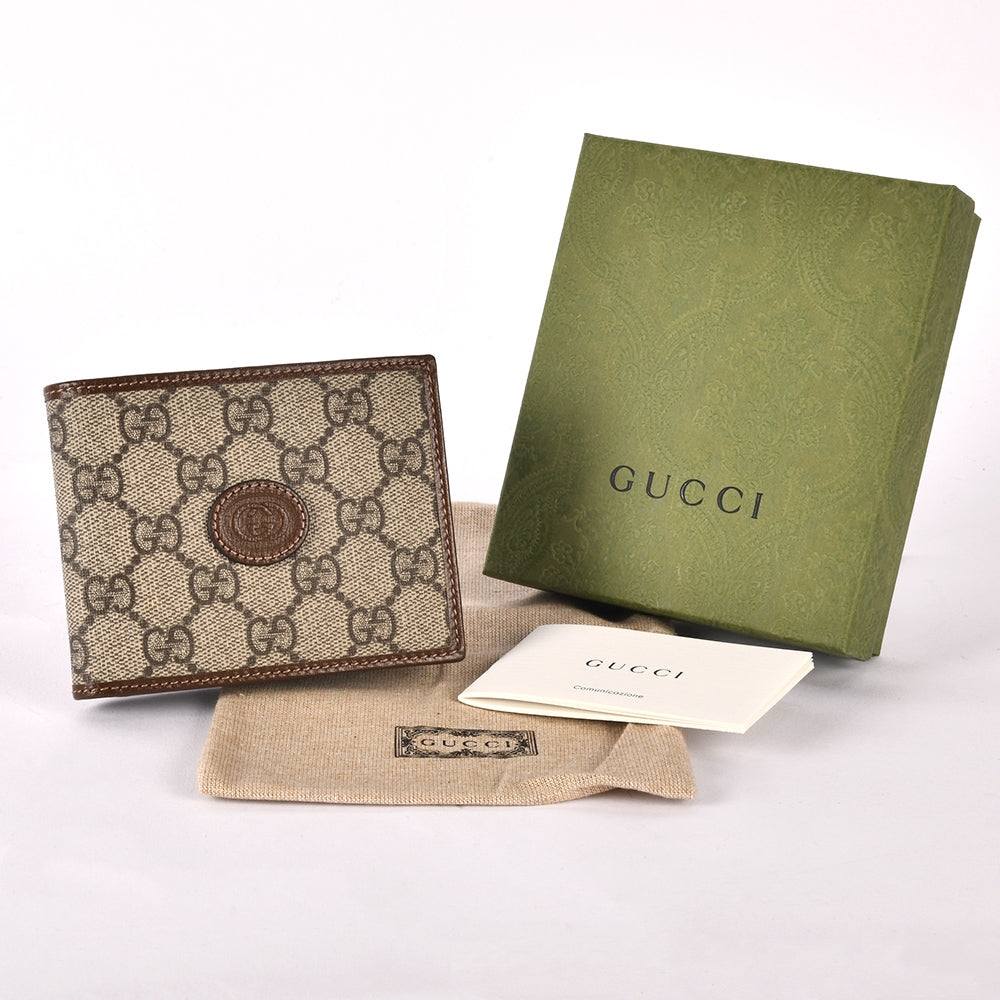 NEW GUCCI EBONY BROWN GG SUPREME CANVAS INTERLOCKING G BIFOLD WALLET