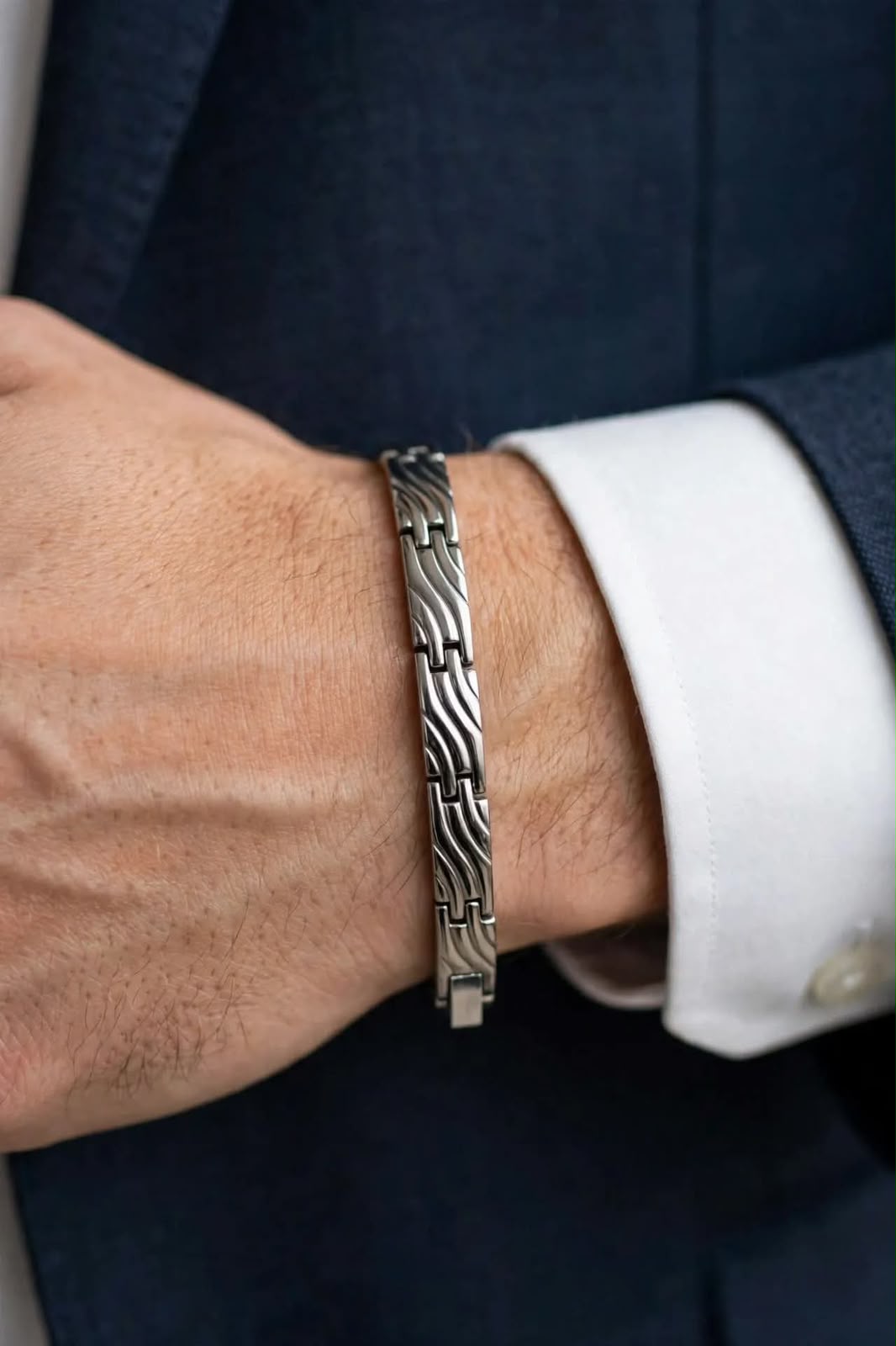 Silver Wave Pattern Bracelet for Men - Titanium Stainless Steel - Luxury Engraved Edition - Anti-Fade