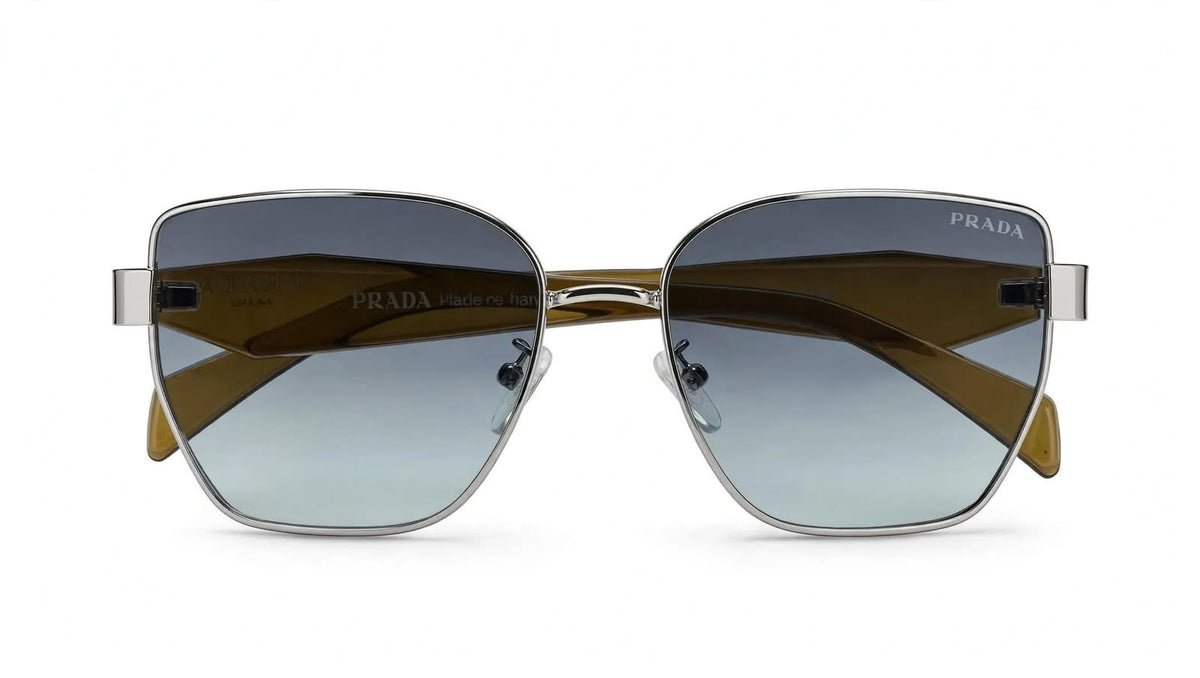 PRADA Milano - Premium Square Sunglasses - Silver Frame with Olive Brown Temples - Men's Luxury