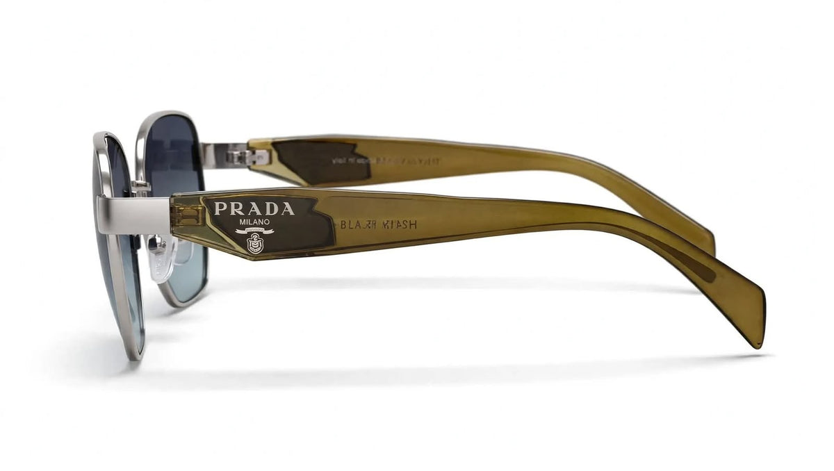 PRADA Milano - Premium Square Sunglasses - Silver Frame with Olive Brown Temples - Men's Luxury