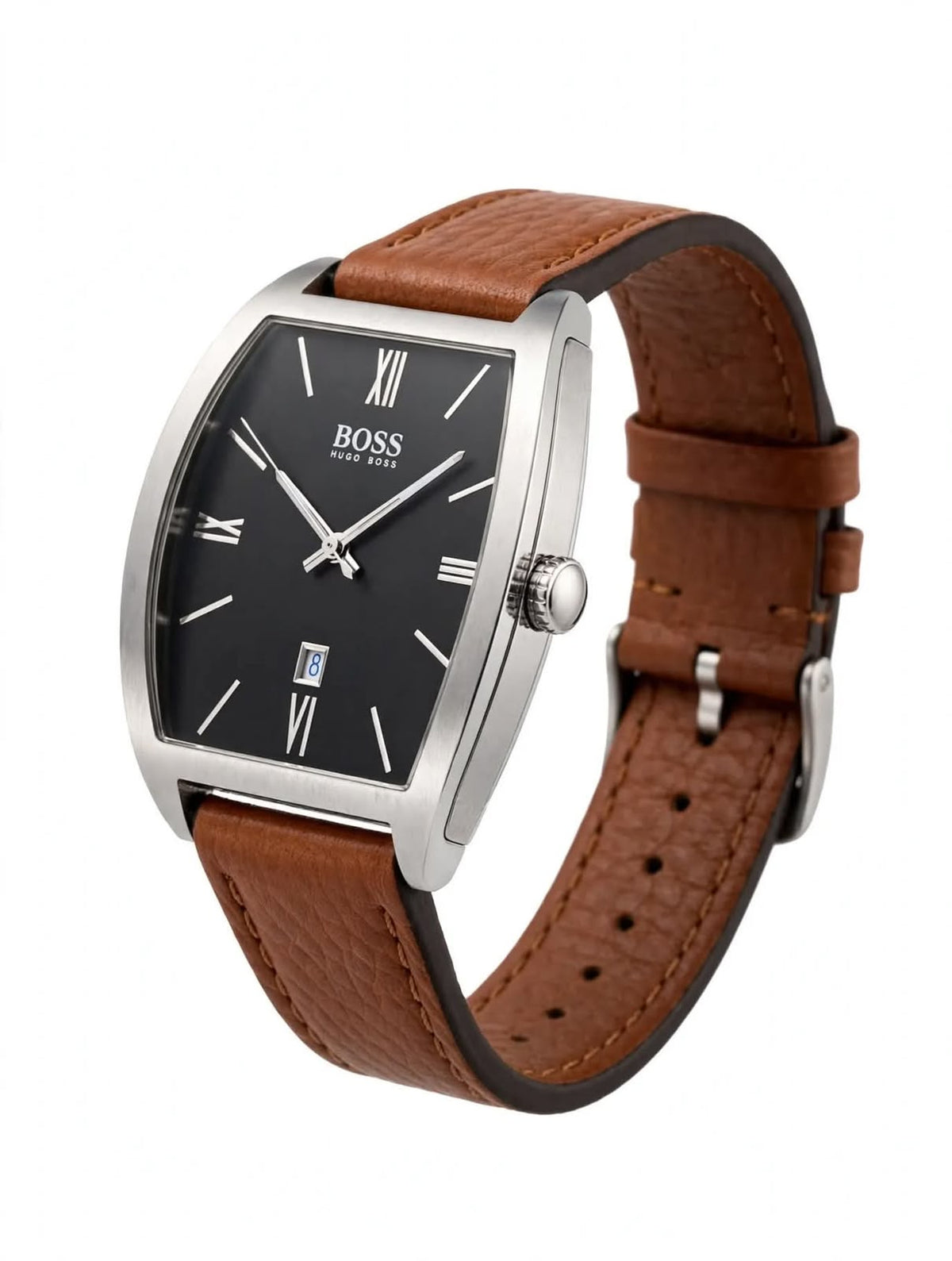 BOSS Hugo Boss Tonneau Black Dial Watch - Brown Leather Strap - Roman Numeral Edition - Date Working