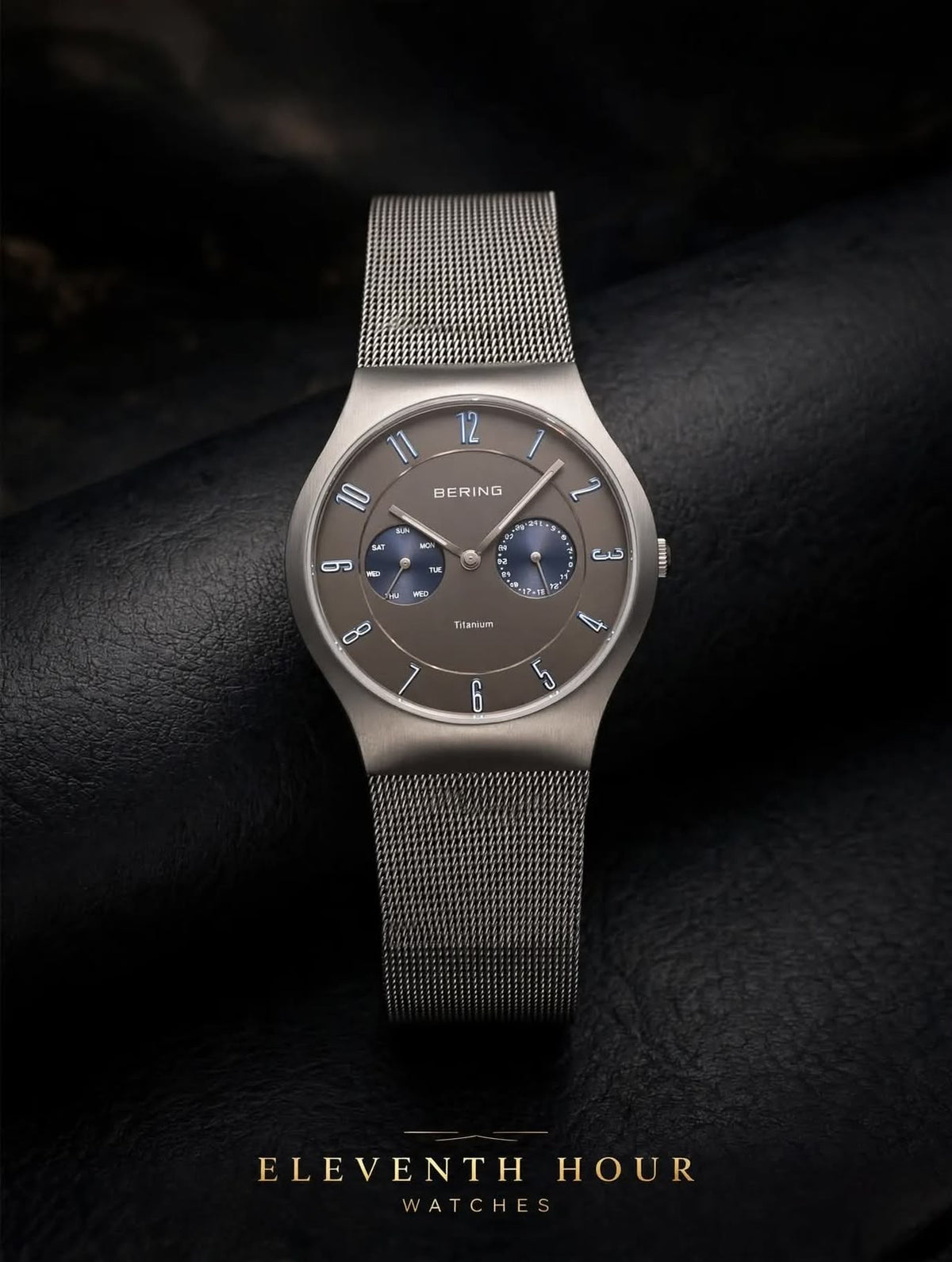 BERING Titanium - Danish Minimal Watch - Grey Dial Mesh Chain - Day Date Working