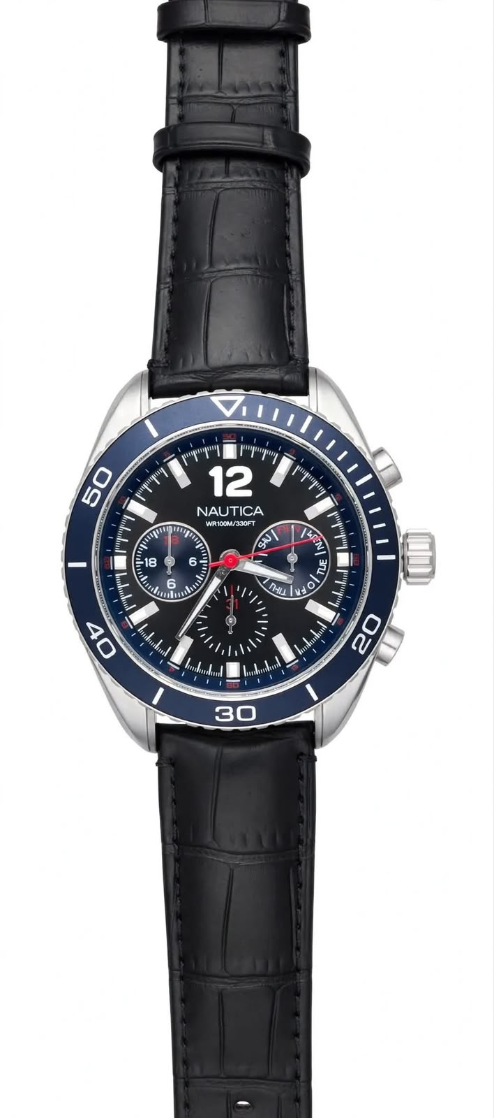 NAUTICA NAPCH5 Chronograph – Black Dial with Blue Bezel – Leather Strap – Men’s Watch