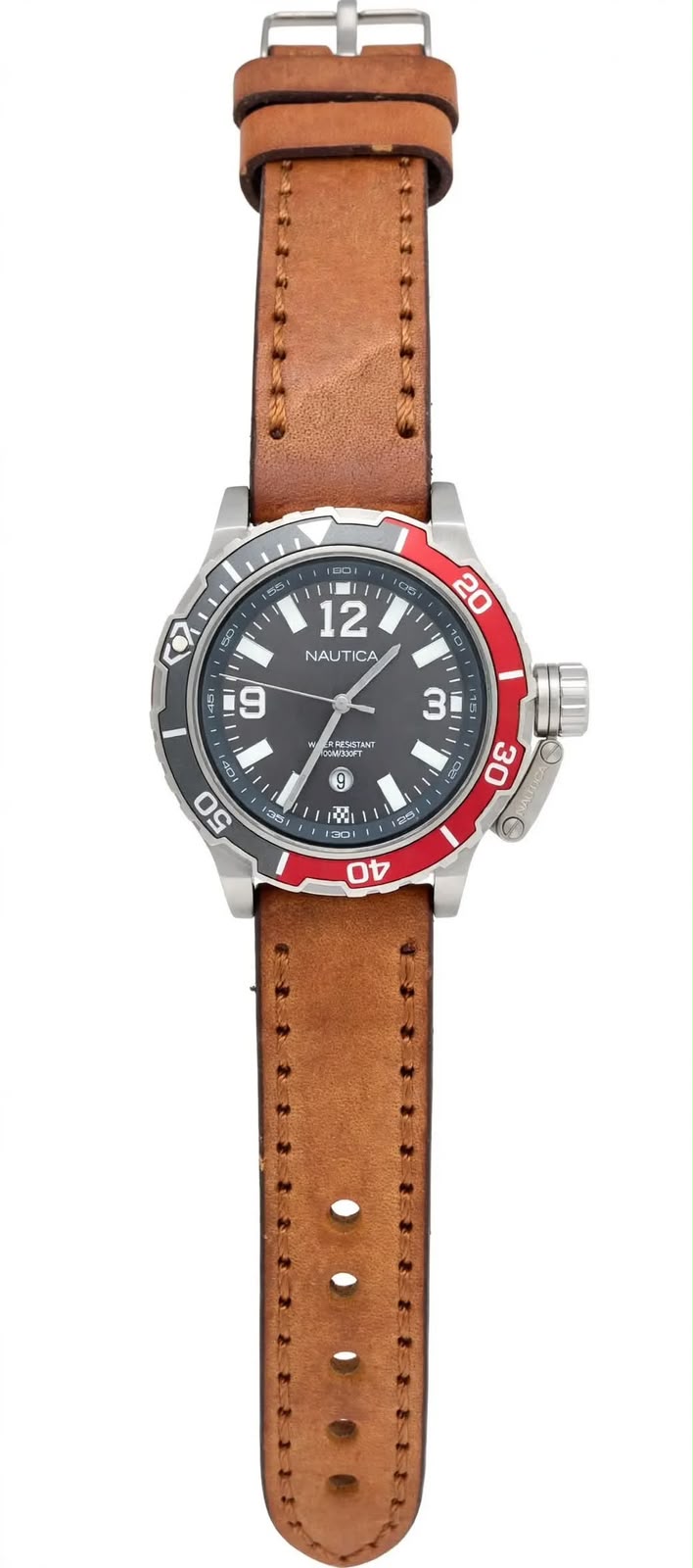 NAUTICA NAP Tower Beach Diver – Grey Dial – Red & Grey Bezel – Brown Leather Strap – 100M / 330FT – Men’s Watch