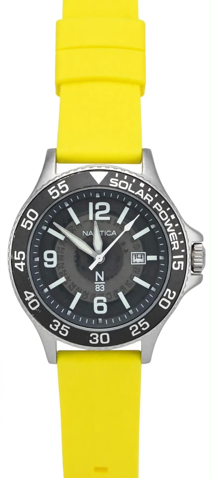NAUTICA N83 SOLAR POWER – Charcoal Grey Dial – 12-9-6 Markers – Black Bezel – Bright Yellow Silicone Strap – Men’s Solar Watch