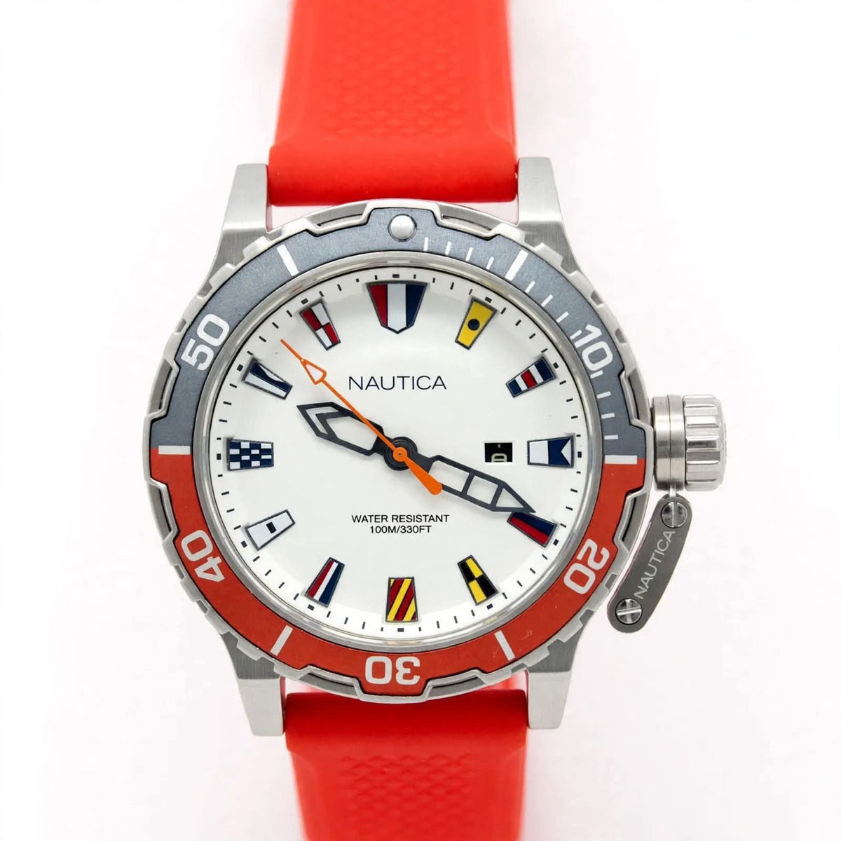 NAUTICA N-83 – White Dial with 12 Nautical Flags – Red & Grey Bezel Red Silicone Strap – Men’s Diver Watch – 100M Water Resistant