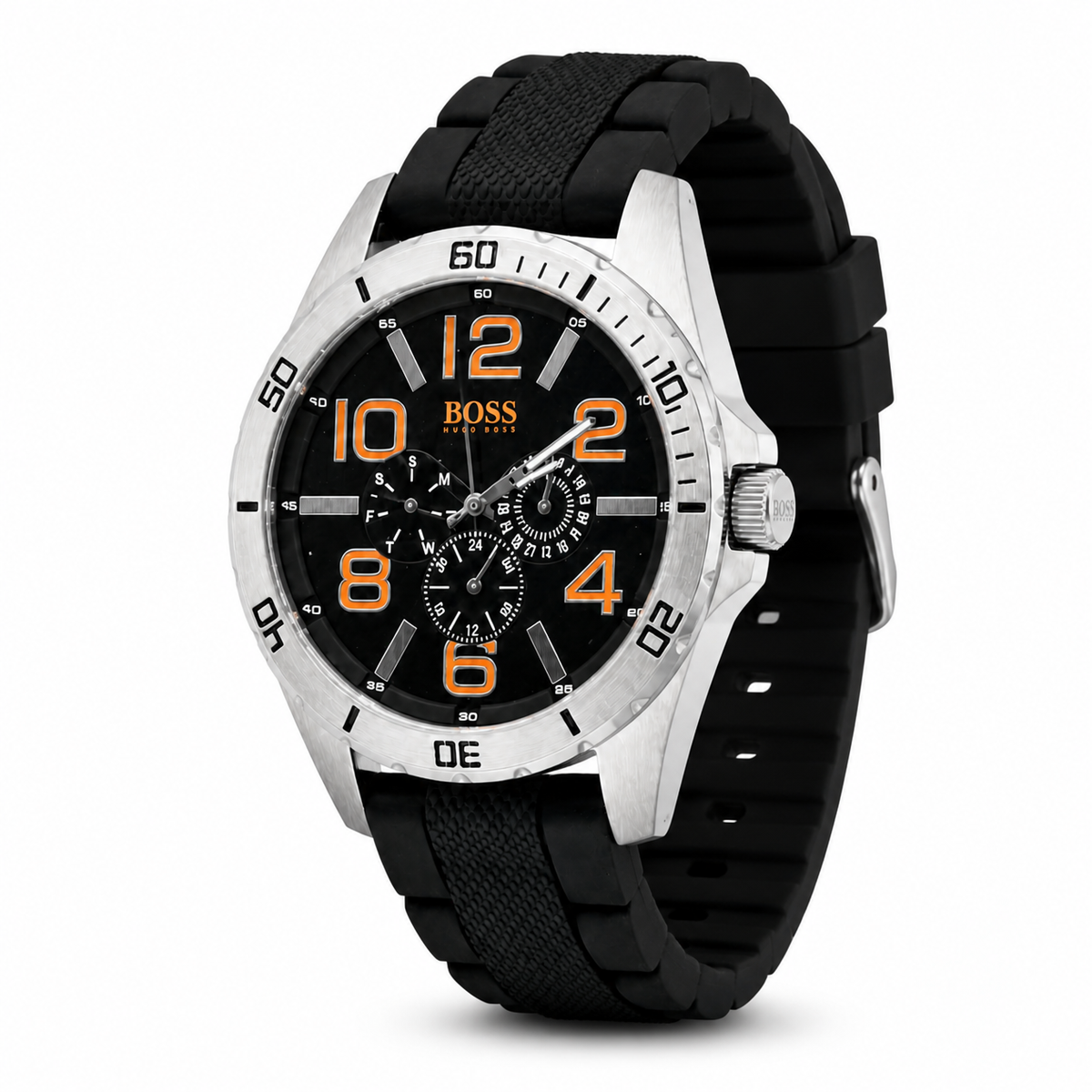 BOSS Men’s Black Chronograph-Style Watch with Silver-Tone Case