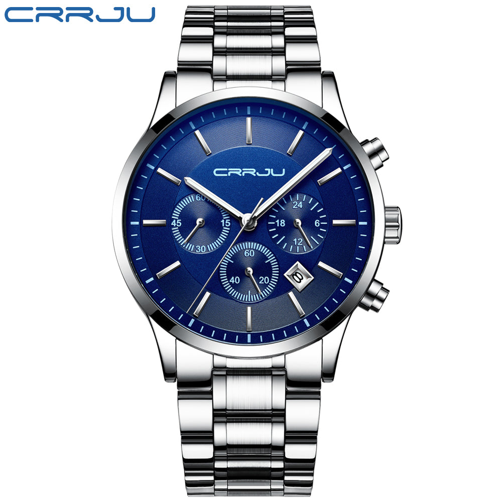 CRRJU New Fashion Men Watch Classic Business Multifunction Chronograph Quartz Wristwatch Casual Waterproof Stainless Steel Clock