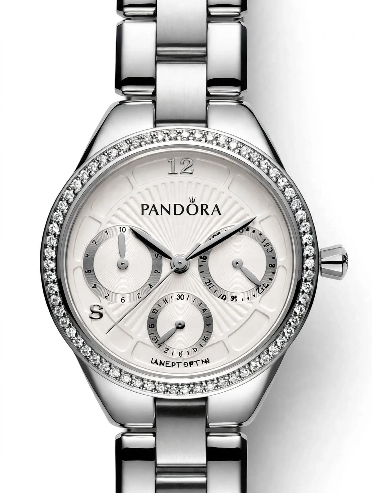 PANDORA Ladies Diamond Bezel Watch - White Dial - Silver Chain - 3 Sub-Dials Working