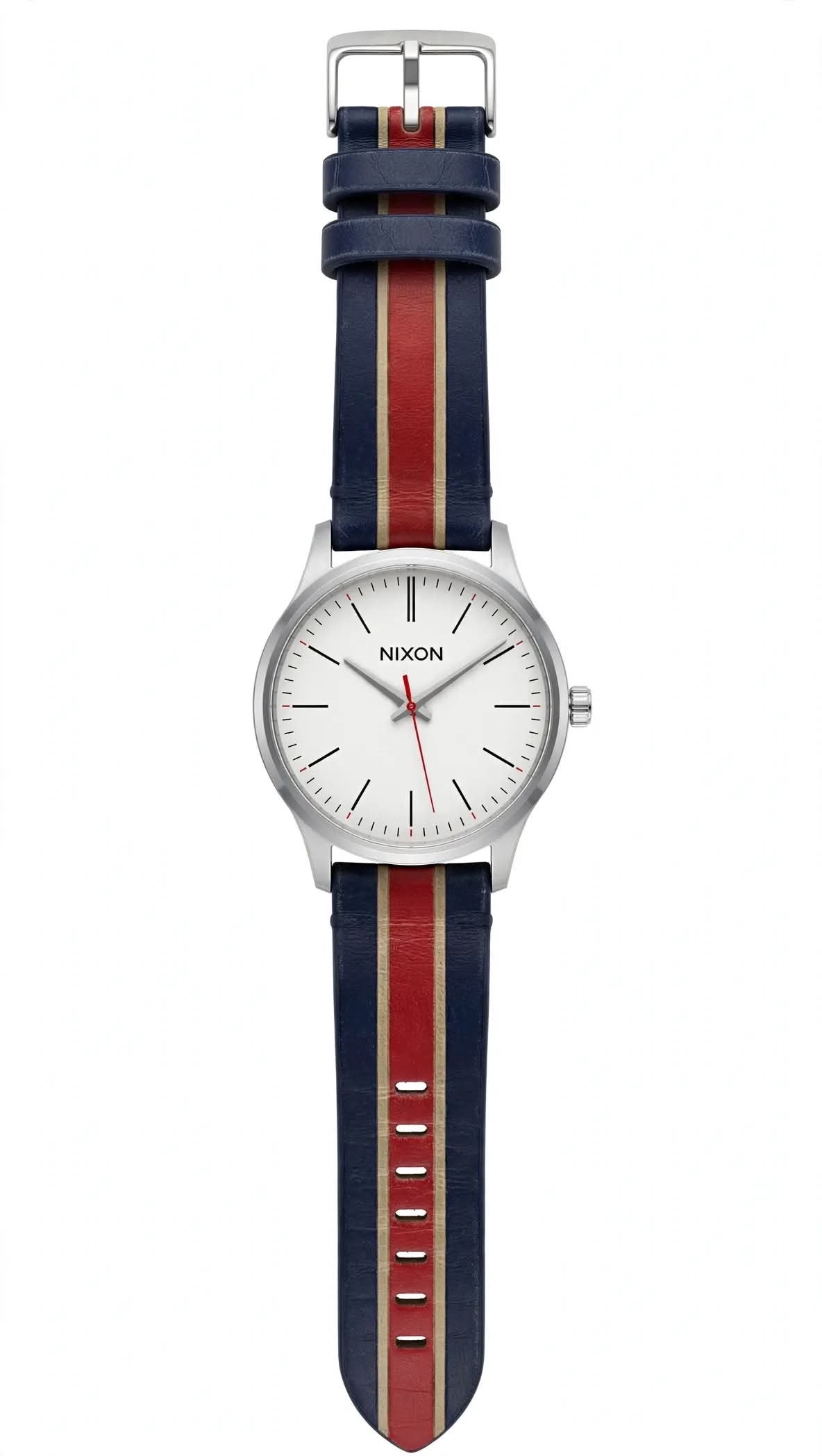 NIXON The Sentry 38 – White Dial – Navy Blue Genuine Leather Strap with Bold Red Stripe + Beige Piping – Silver Steel Case – 100M Water Resistant – Men’s Casual Leather Watch