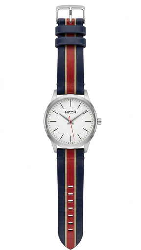 NIXON The Sentry 38 – White Dial – Navy Blue Genuine Leather Strap with Bold Red Stripe + Beige Piping – Silver Steel Case – 100M Water Resistant – Men’s Casual Leather Watch