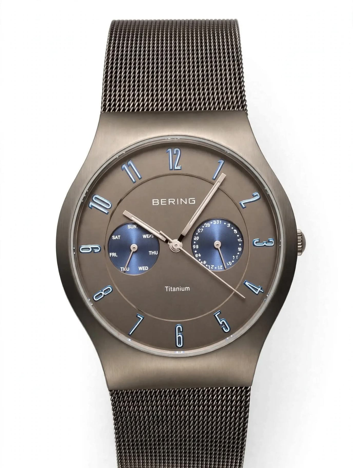 BERING Titanium - Danish Minimal Watch - Grey Dial Mesh Chain - Day Date Working