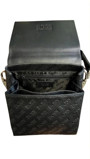 BOSS HUGO BOSS Premium Crossbody Sling Bag – All-Over Embossed BOSS Pattern – Black