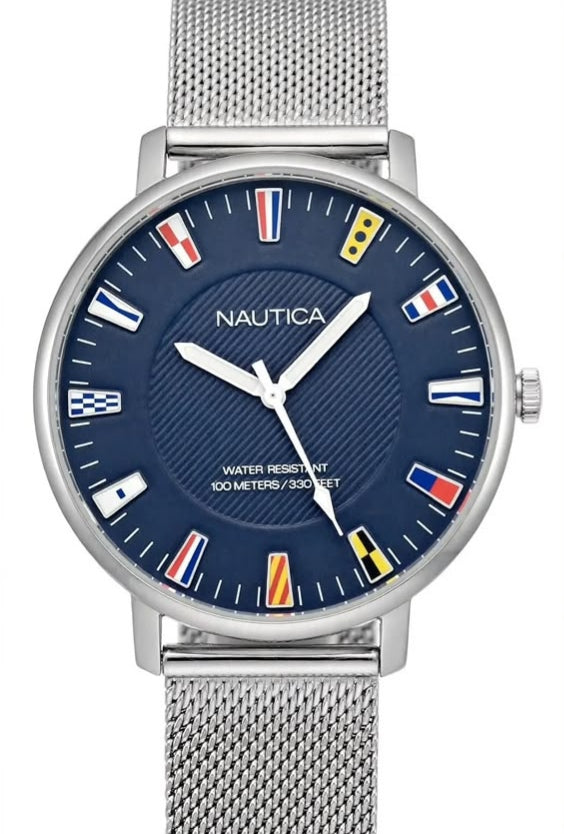 NAUTICA NAP N Dorm – Nautical Flag Dial – Blue Dial – Silver Mesh Strap – Men’s Watch – WR 100M / 330FT