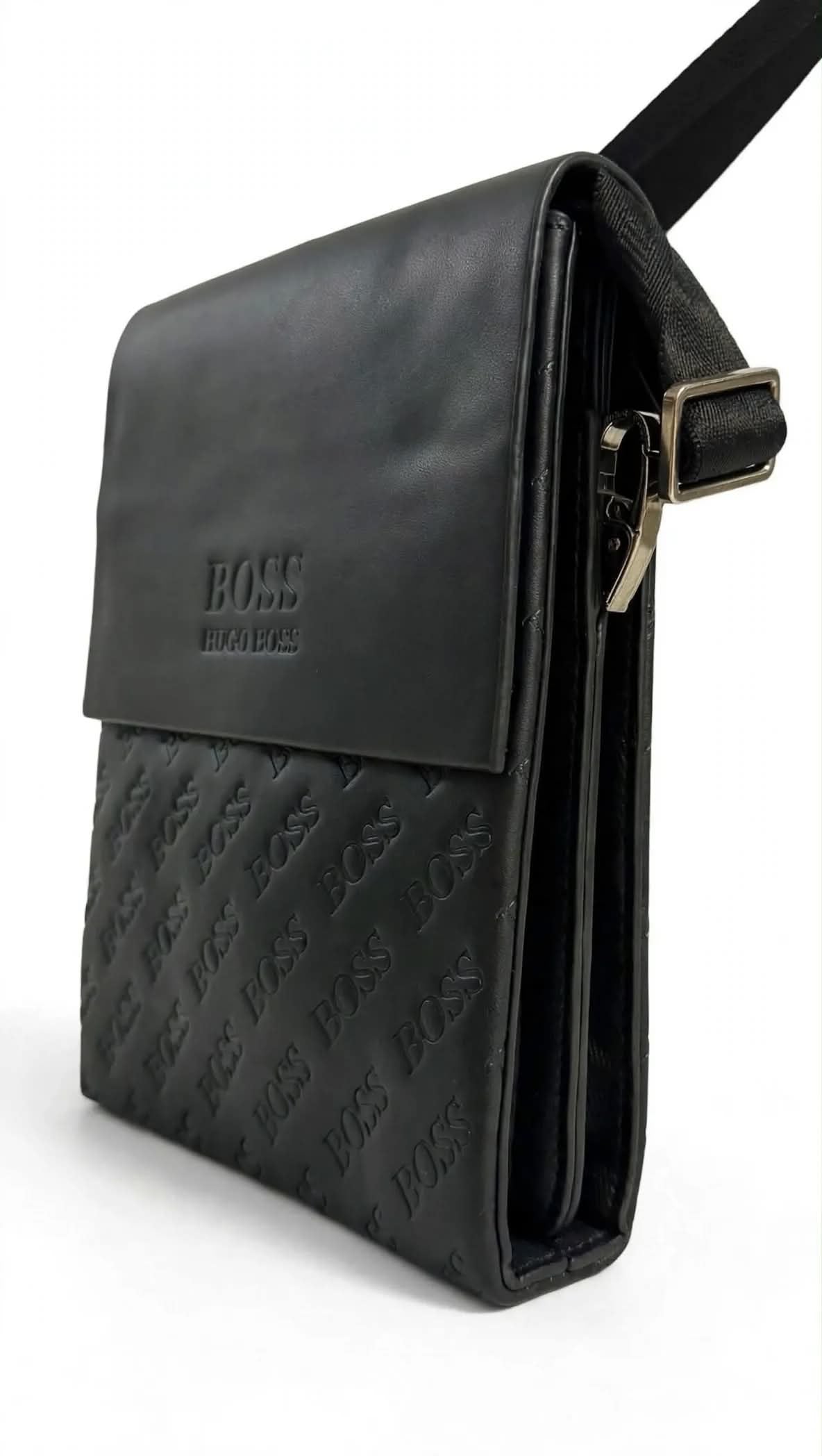 BOSS HUGO BOSS Premium Crossbody Sling Bag – All-Over Embossed BOSS Pattern – Black