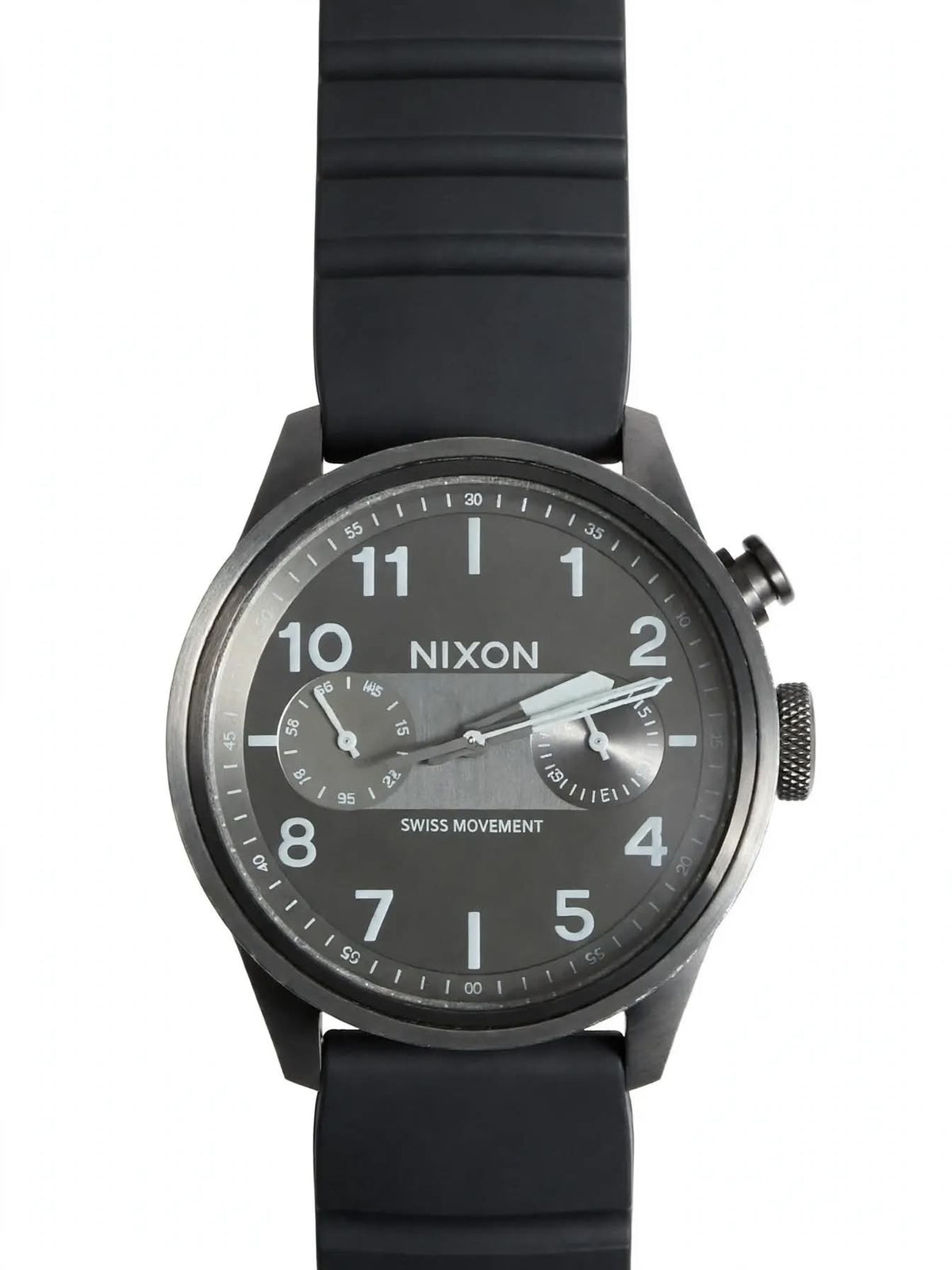 NIXON 51-30 Chrono – Matte Black Dial – Big White Arabic Numerals – SWISS MOVEMENT – Gunmetal Steel Case – Black Ridged Rubber Strap – Men’s Tactical Chronograph – 100M