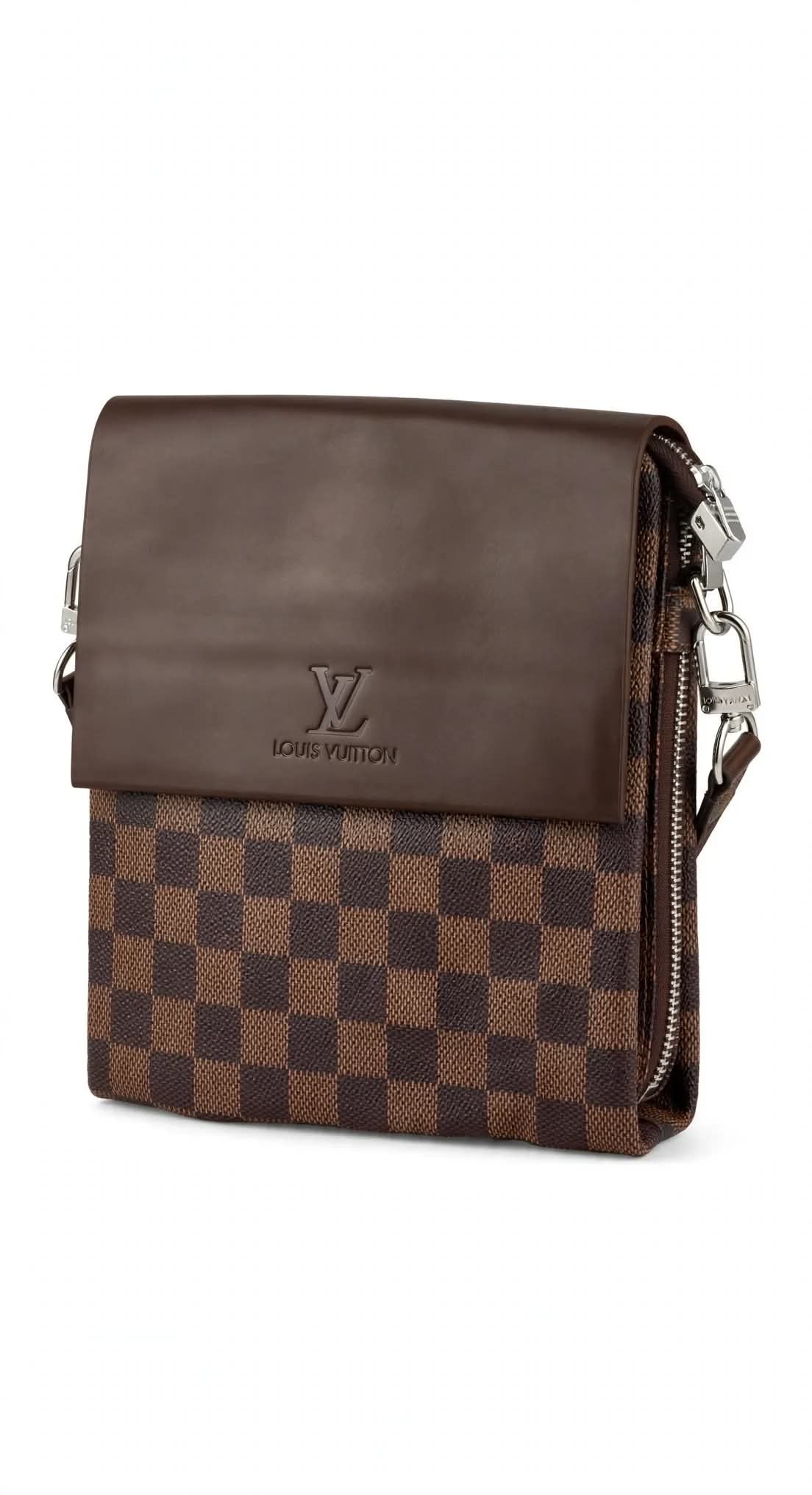 LV Damier Ebene Vertical Crossbody Pouch - Brown Leather Flap Edition