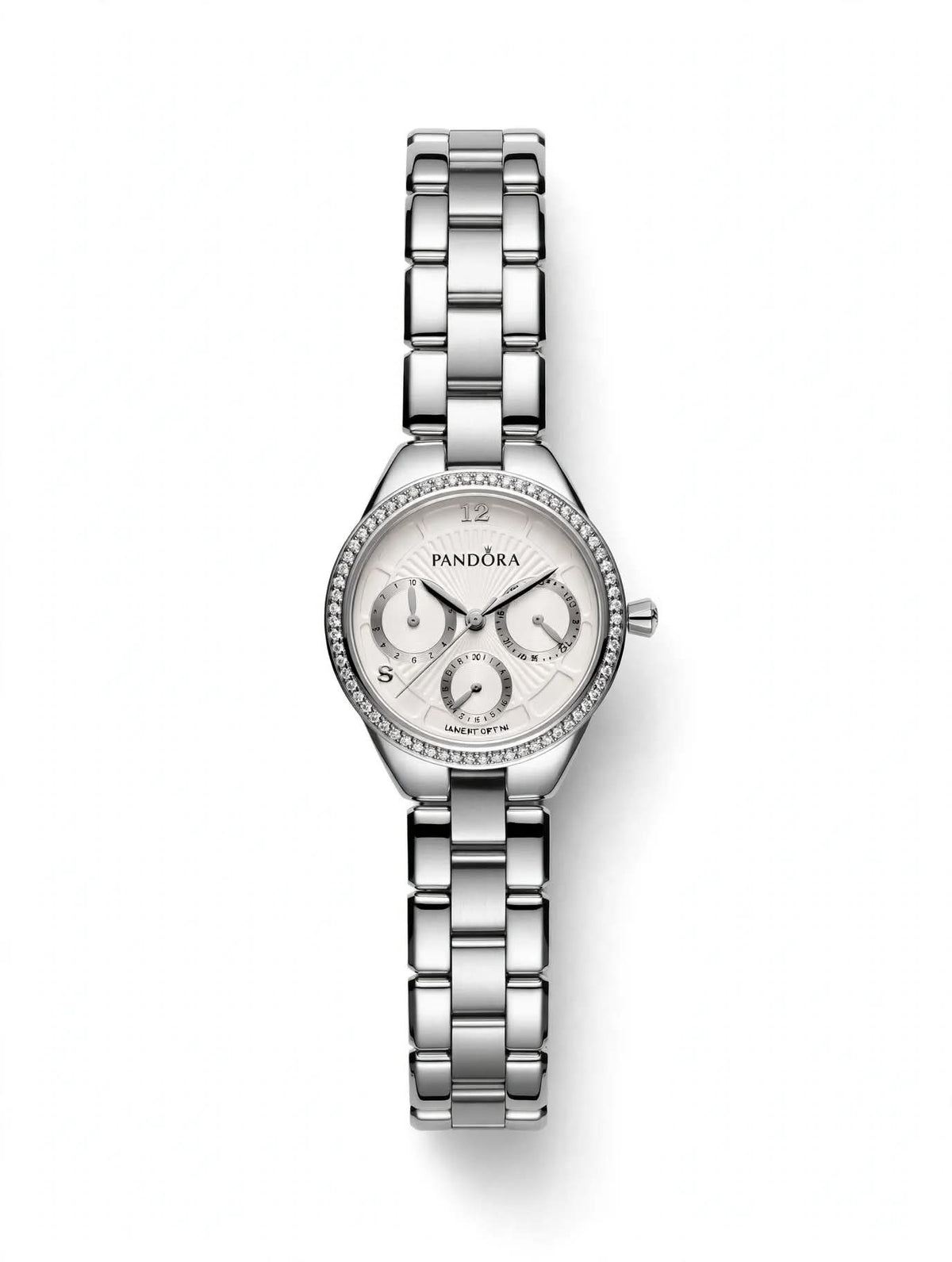 PANDORA Ladies Diamond Bezel Watch - White Dial - Silver Chain - 3 Sub-Dials Working