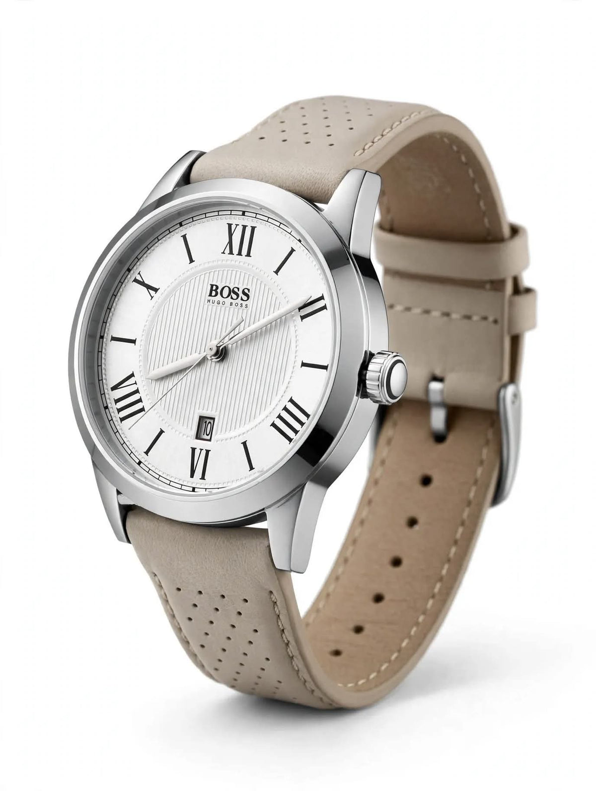 Hugo Boss Roman Beige Leather Watch - White Executive Dial - Date Working - For Mens