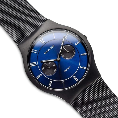BERING Titanium - Danish Minimal Watch - Blue  Dial Mesh Chain - Day Date Working