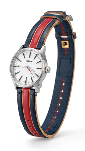 NIXON The Sentry 38 – White Dial – Navy Blue Genuine Leather Strap with Bold Red Stripe + Beige Piping – Silver Steel Case – 100M Water Resistant – Men’s Casual Leather Watch