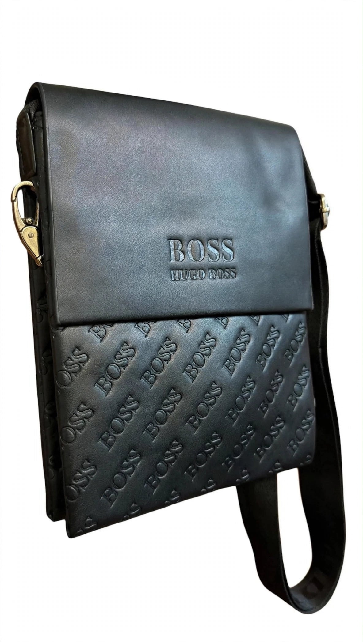BOSS HUGO BOSS Premium Crossbody Sling Bag – All-Over Embossed BOSS Pattern – Black
