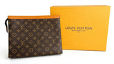 LV Louis Vuitton Monogram Canvas Pouch – Travel Clutch / Toiletry Pouch – Brown Monogram with Mustard Trim