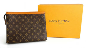 LV Louis Vuitton Monogram Canvas Pouch – Travel Clutch / Toiletry Pouch – Brown Monogram with Mustard Trim