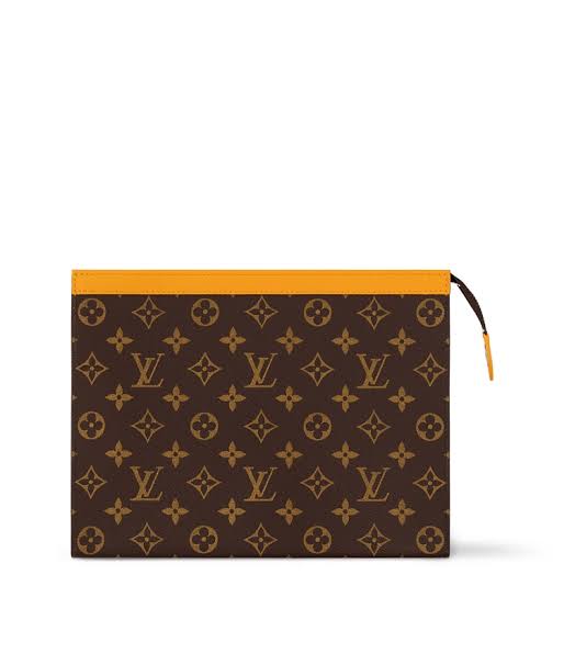 LV Louis Vuitton Monogram Canvas Pouch – Travel Clutch / Toiletry Pouch – Brown Monogram with Mustard Trim