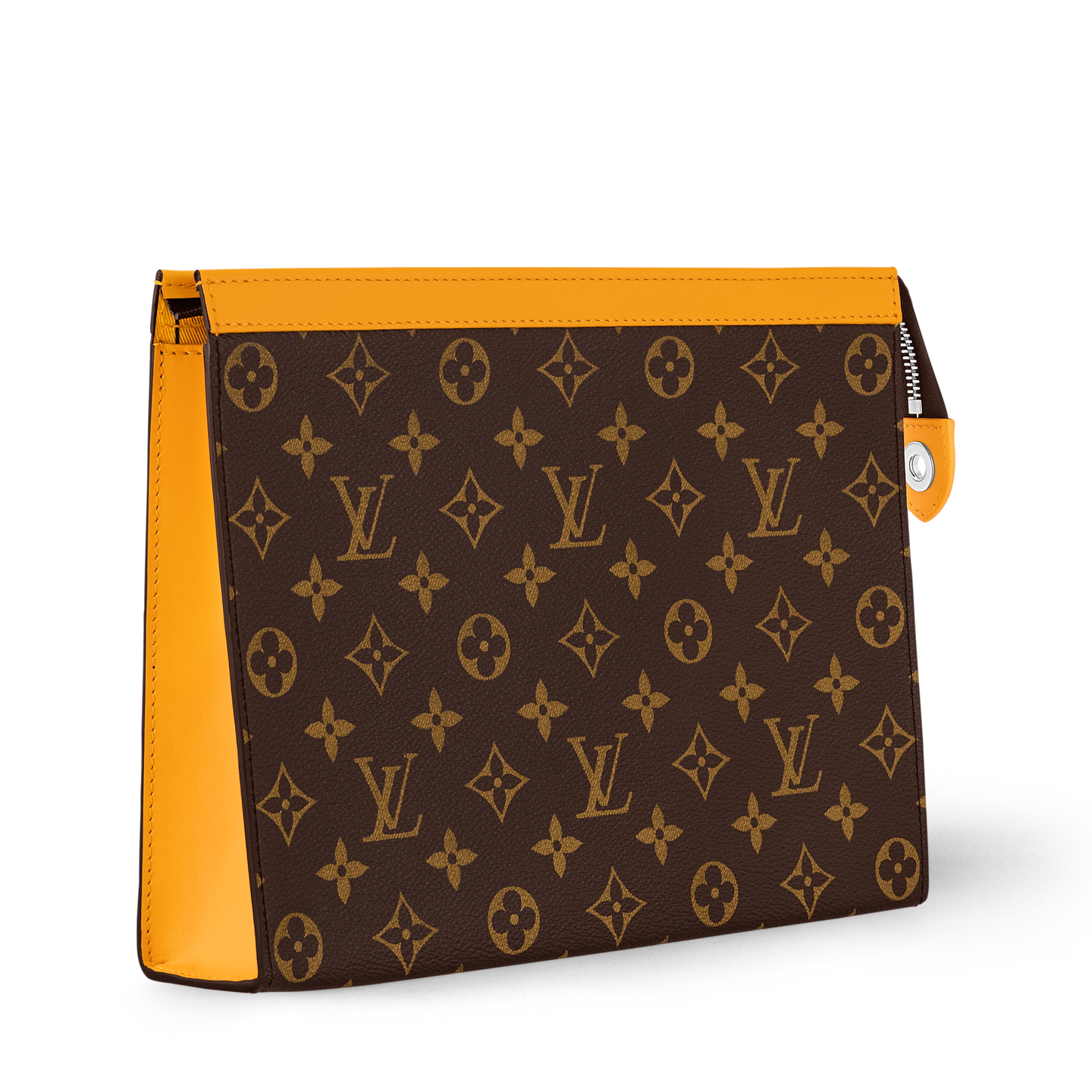 LV Louis Vuitton Monogram Canvas Pouch – Travel Clutch / Toiletry Pouch – Brown Monogram with Mustard Trim