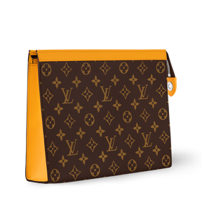 LV Louis Vuitton Monogram Canvas Pouch – Travel Clutch / Toiletry Pouch – Brown Monogram with Mustard Trim