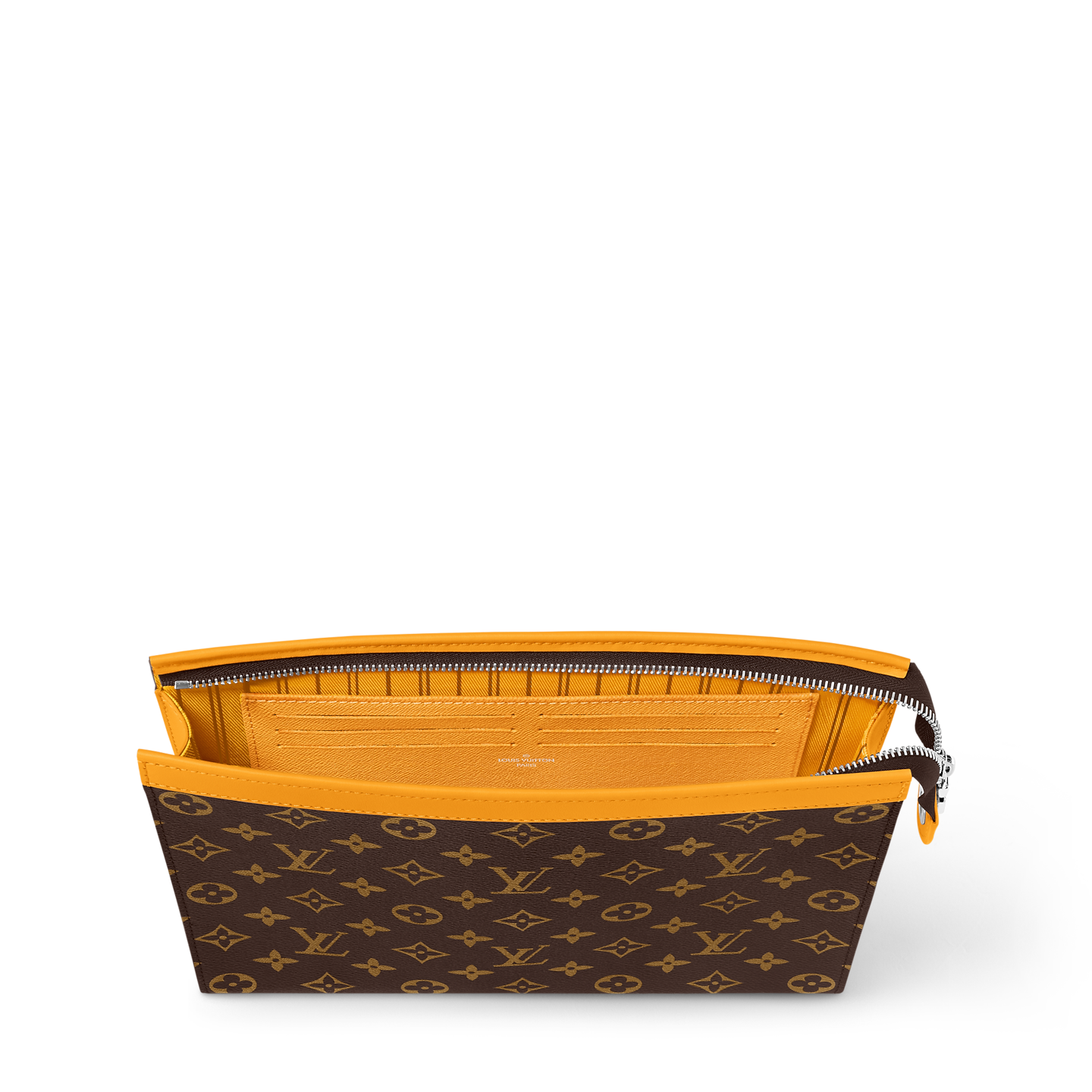 LV Louis Vuitton Monogram Canvas Pouch – Travel Clutch / Toiletry Pouch – Brown Monogram with Mustard Trim