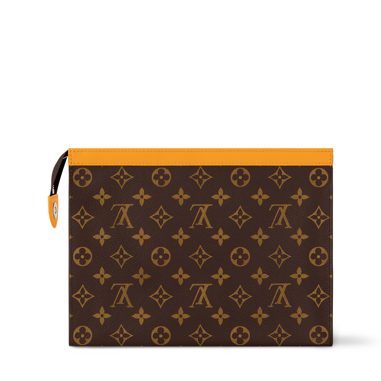LV Louis Vuitton Monogram Canvas Pouch – Travel Clutch / Toiletry Pouch – Brown Monogram with Mustard Trim