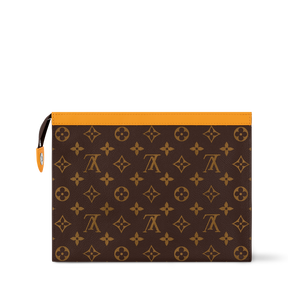 LV Louis Vuitton Monogram Canvas Pouch – Travel Clutch / Toiletry Pouch – Brown Monogram with Mustard Trim