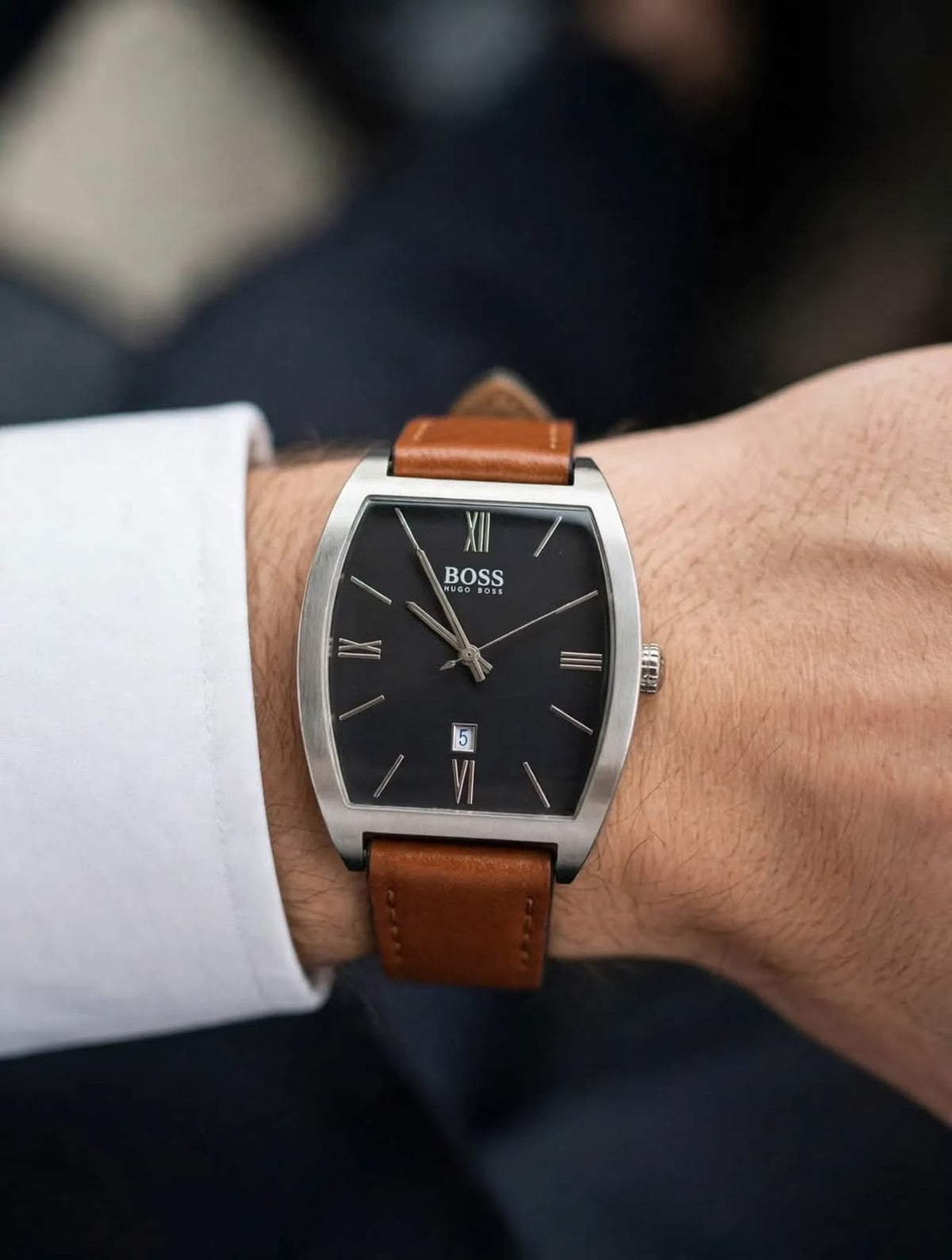 BOSS Hugo Boss Tonneau Black Dial Watch - Brown Leather Strap - Roman Numeral Edition - Date Working