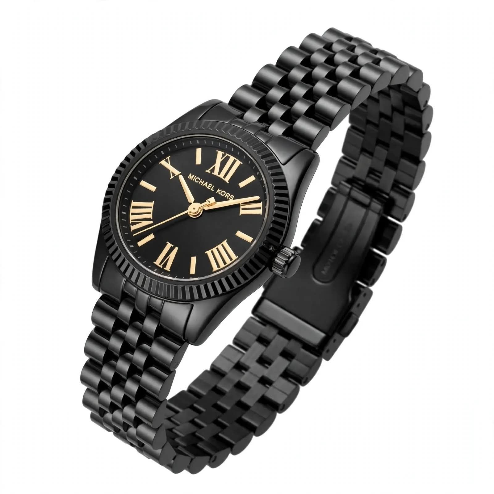 Michael Kors Lexington Black Edition | Black Dial Gold Roman Numerals | Fluted Bezel | Black Jubilee Bracelet | MK5879 Ladies Edition