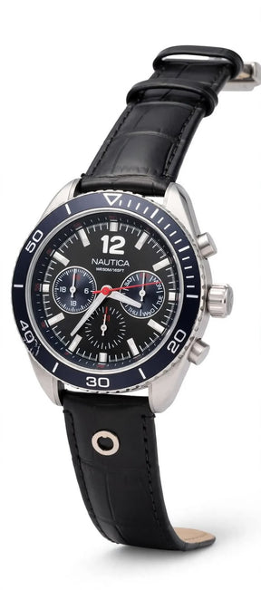 NAUTICA NAPCH5 Chronograph – Black Dial with Blue Bezel – Leather Strap – Men’s Watch