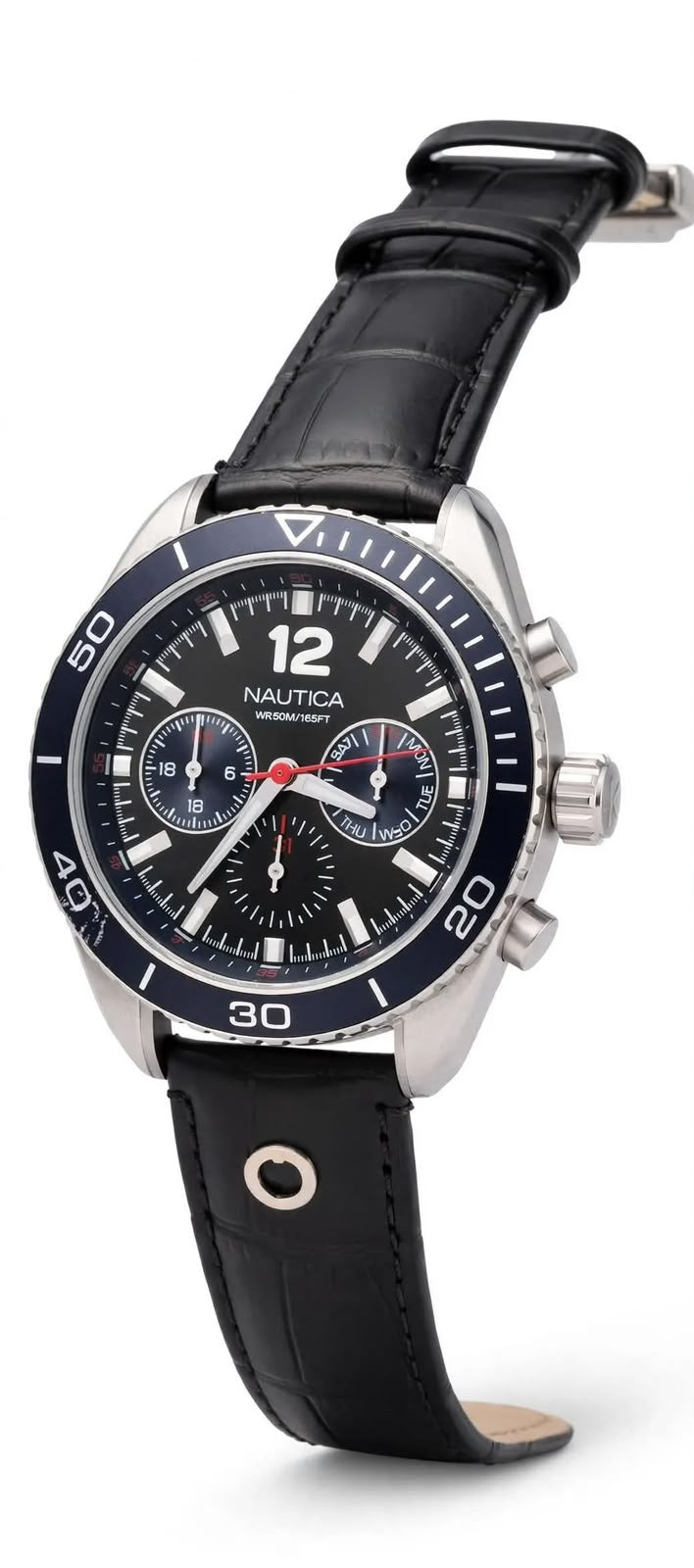 NAUTICA NAPCH5 Chronograph – Black Dial with Blue Bezel – Leather Strap – Men’s Watch