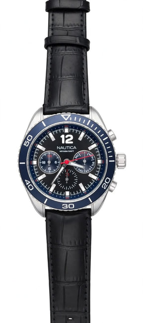 NAUTICA NAPCH5 Chronograph – Black Dial with Blue Bezel – Leather Strap – Men’s Watch