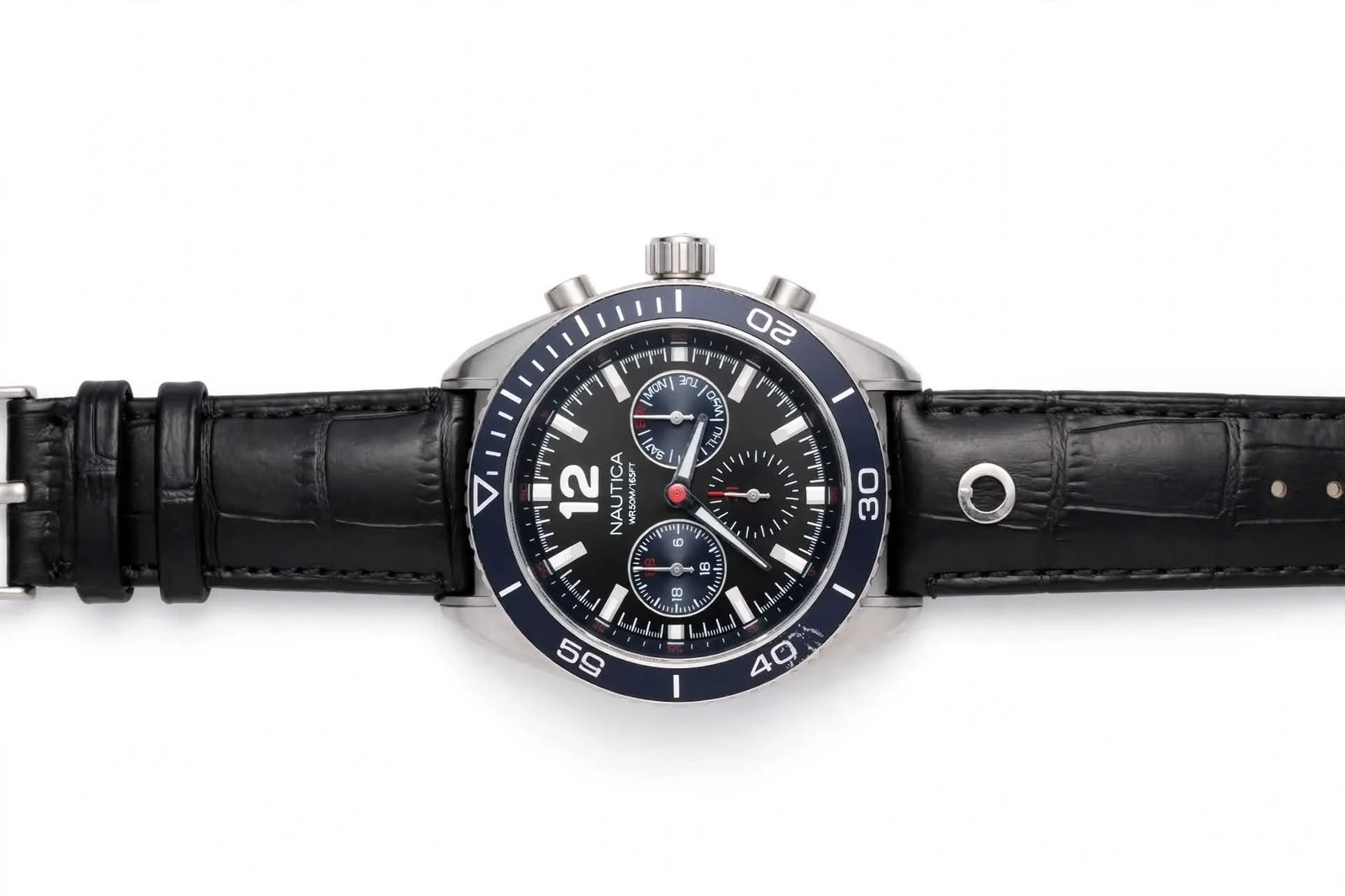 NAUTICA NAPCH5 Chronograph – Black Dial with Blue Bezel – Leather Strap – Men’s Watch