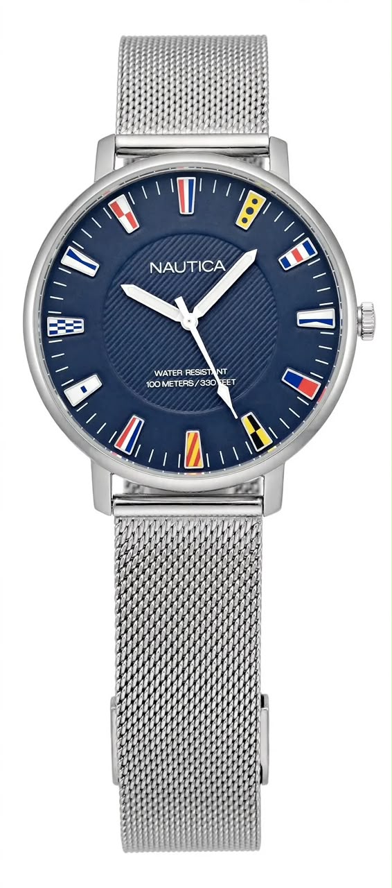 NAUTICA NAP N Dorm – Nautical Flag Dial – Blue Dial – Silver Mesh Strap – Men’s Watch – WR 100M / 330FT