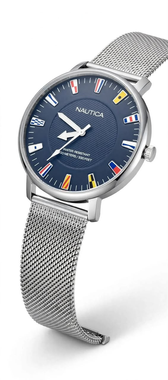 NAUTICA NAP N Dorm – Nautical Flag Dial – Blue Dial – Silver Mesh Strap – Men’s Watch – WR 100M / 330FT