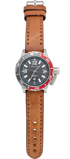 NAUTICA NAP Tower Beach Diver – Grey Dial – Red & Grey Bezel – Brown Leather Strap – 100M / 330FT – Men’s Watch